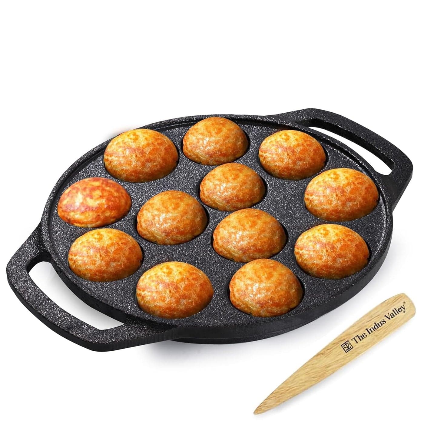 The Indus Valley PreSeasoned Cast Iron Paniyaram Pan With SpatulaMedium 12Pit 83Inch21 Cm 2KgInduction FriendlyNonstick AppePaddu Pan 100 Pure ToxinFree No Chemical Coating Black