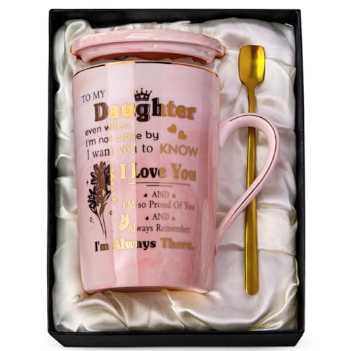 Daughter Birthday Gifts from Mom Dad - Unique 14oz Pink Marble Gold Print Coffee Mug, Lid, Spoon, Greeting Card, Presents for Wedding Blessing, Thanksgiving, Valentines, Graduation, Nice Gift Boxed