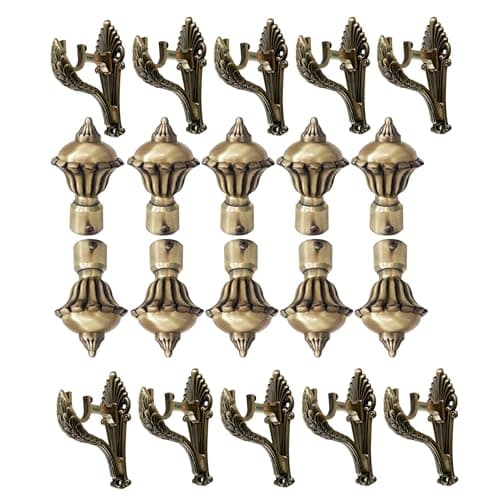 FERIO Brass Antique Finish Curtain Bracket with Support 1 Inch Rod Pocket Finials Rod Support Fittings, Curtain Rod Holder (10 Pair Silver) - Durable Window Decor Solution for Elegant Home Interiors