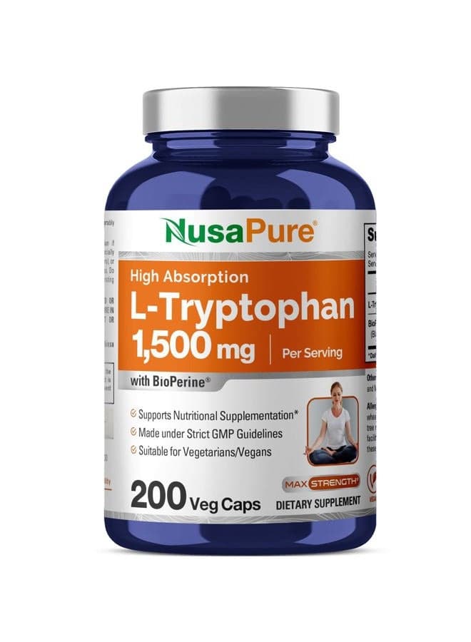 L-Tryptophan 1500mg 200 Vegetarian Caps (Non-GMO, Vegan) Bioperine