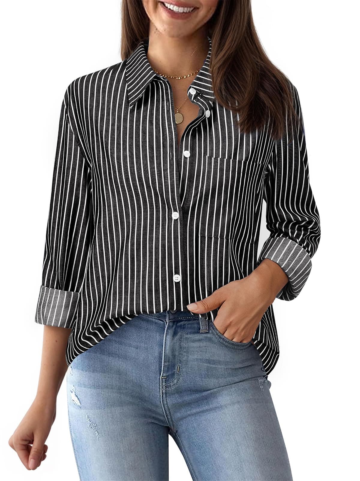 Striped Button Down Shirts for Women Cotton Dress Shirts Long Sleeve Collared Blouses Work Business Casual Tops-Black Wide Stripes 3XL