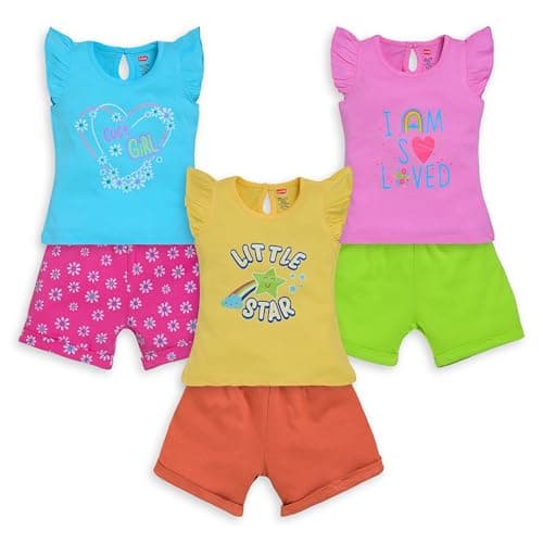 LuvLap Baby Girl Cotton Printed Pack Of 3 Half Sleeve Top & Shorts Set, M (3 to 6 Months), Multicolor