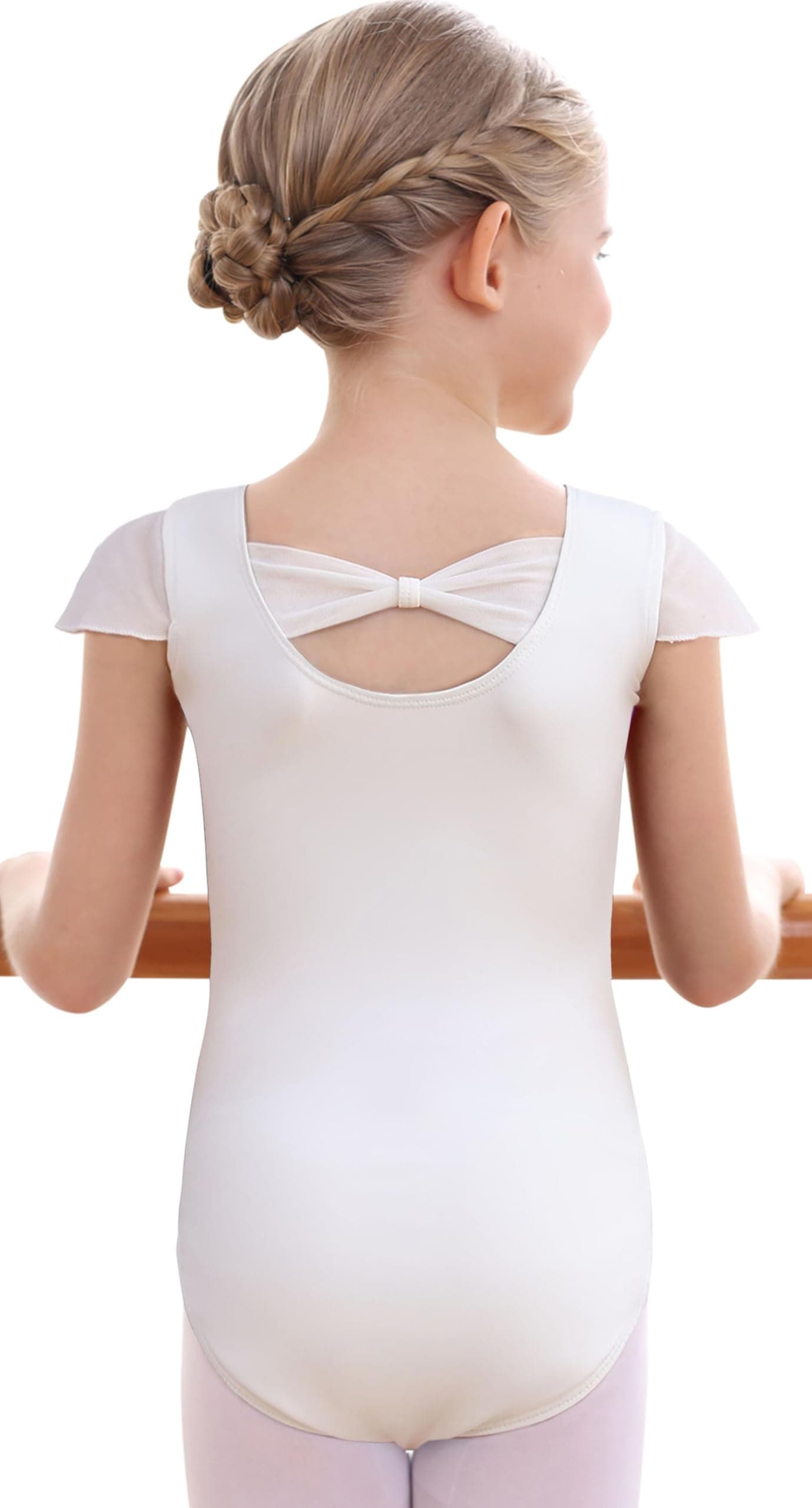 MdnMd Girls Leotard for Dance Ballet Gymnastic Outfit Child Bodysuit Bow Back Ruffle Sleeve (White, Age 6-8)