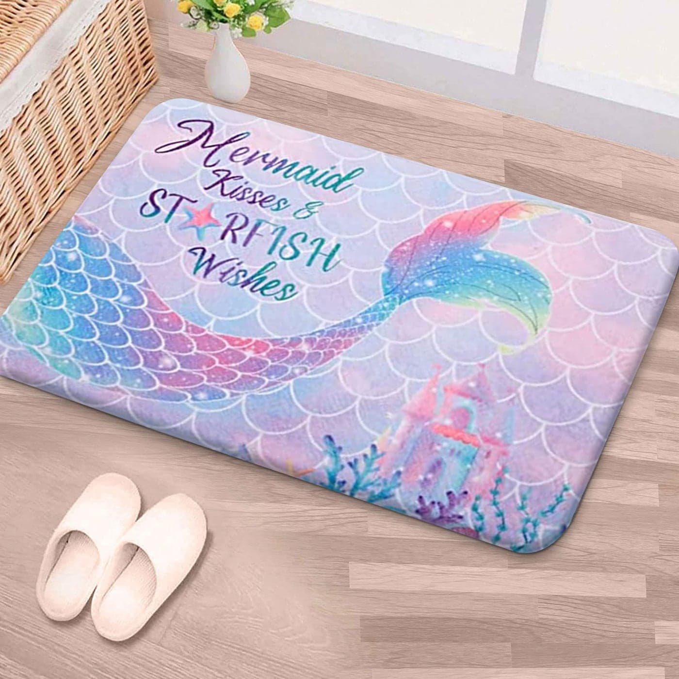 RosieLily Mermaid Bathroom Rug Mat 24X16 Super Soft and Absorbent Shaggy Plush Mermaid Bath Rugs Thicken Non Slip Carpet Mats for Shower Pink Blue Purple Mermaid Bathroom Rug
