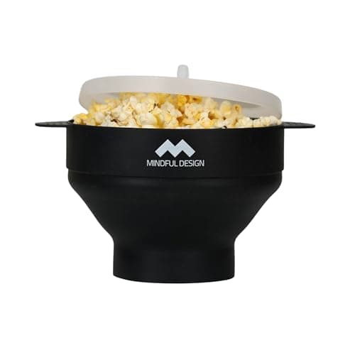 The Original Mindful Design Collapsible Microwave Popcorn Popper - Silicone Bowl, BPA-Free & Dishwasher Safe (Black)