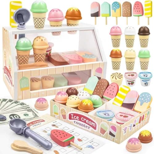Wooden Ice Cream Toys 32 pcs Pretend Ice Cream Play Set with Scooper Menu Fake Money Storage Wooden Play Store Counter Shop Toy Gift for Toddlers Girls Boys Ages 3 4 5 6 7 8