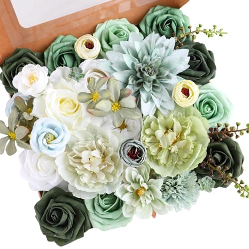 Kisflower Green Artificial Flowers Combo Cake Flowers Decorations Fake Hydrangea Dahlia Silk Roses Gift Box for DIY Wedding Bridal Bouquet Centerpieces Arrangements Party Holiday Decor (Forest Green)