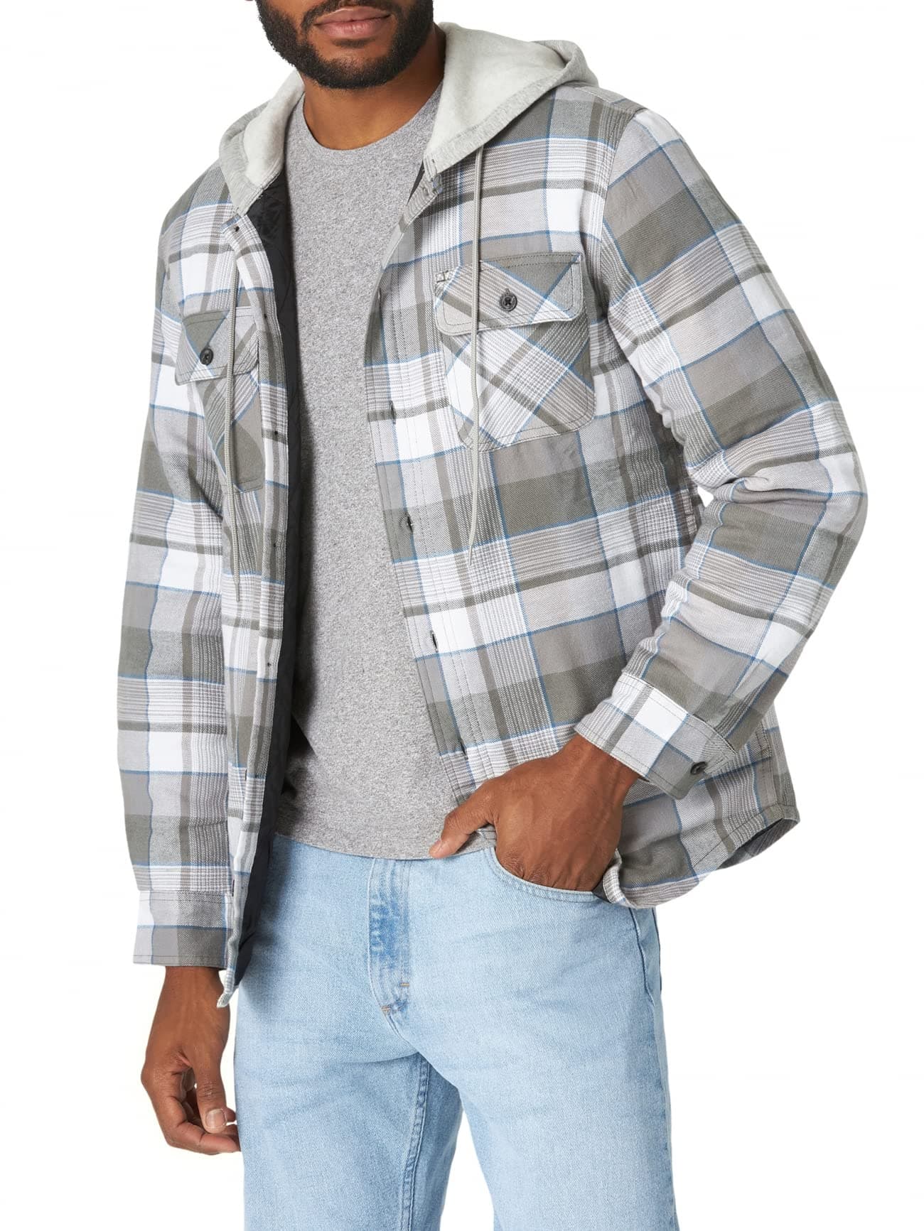 Long Sleeve Quilted Lined Flannel Shirt Jacket With Hood, Cloud Burst, 3X-Large