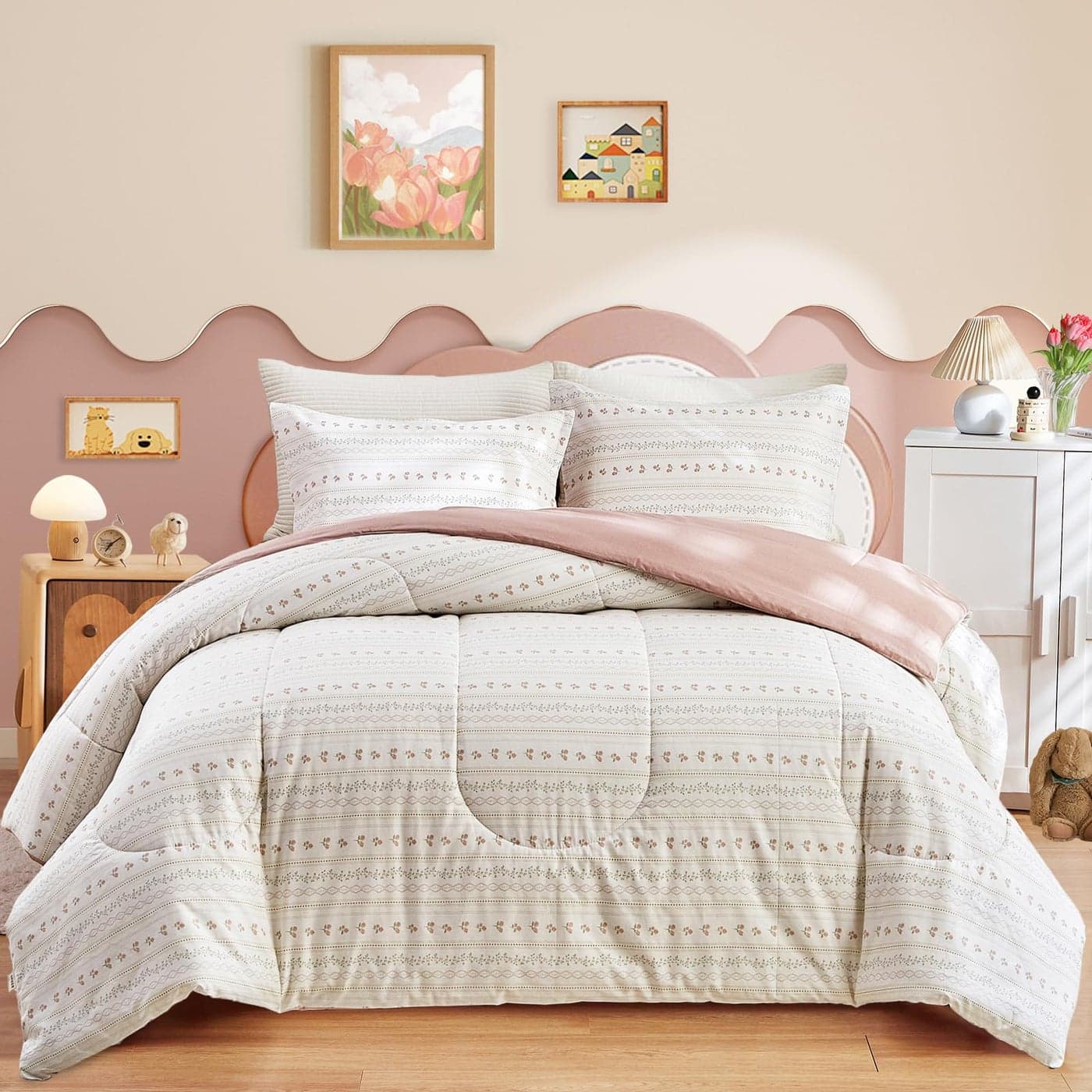 Joyreap 3pcs Floral Cotton Comforter Set for Girls Pink Flower Stripes Boho Design Twin Size Soft n Cozy Bedding Comforter Set for All Season 68x88 inches