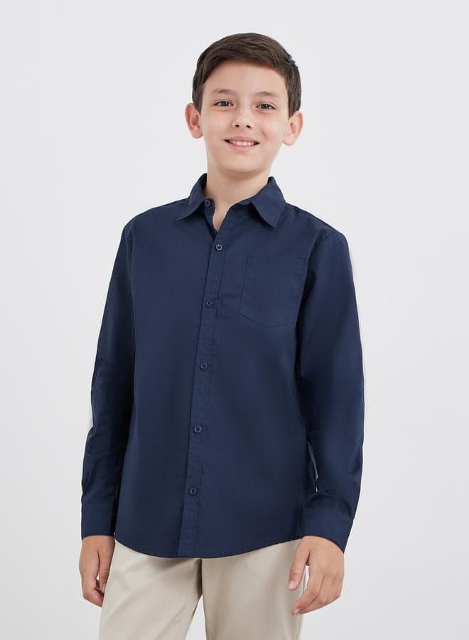 Boys School Uniform Navy Blue Long Sleeves Shirt with Pocket