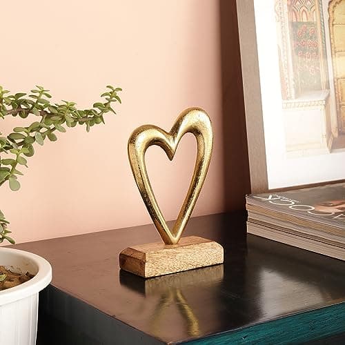 PURESTORY Aluminium Heart Shape Decoration Items | Heart Shape Showpiece | Decor Items for Book Shelf | Showpiece for Bedroom & Living Room | Couple Gift - 6.5 Inches, Gold