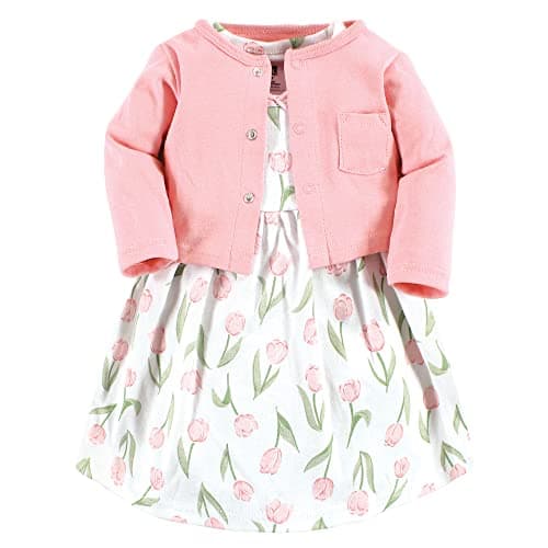 Hudson Baby baby girls Hudson Infant Girl Cotton and Cardigan Set, Pink Tulips, 2 Toddler Casual Dress, Pink Tulips, 1-2T US