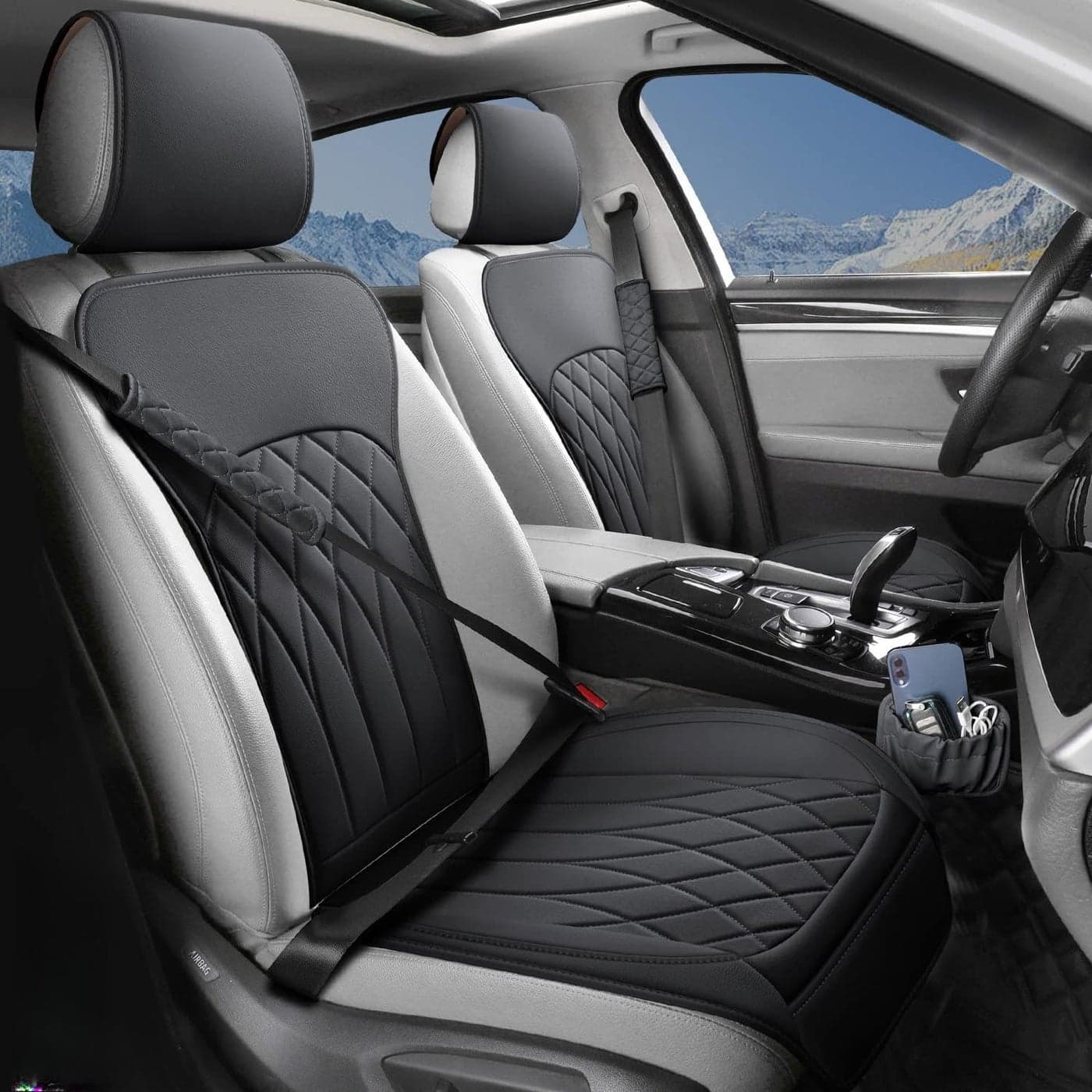 BEITK 2 Pack Leather Front Car Seat Covers Universal Sideless Car Seat Protectors with Storage Pocket and Seat Belt Pads Waterproof Automotive Seat Cover for Cars Trucks SUVBlack
