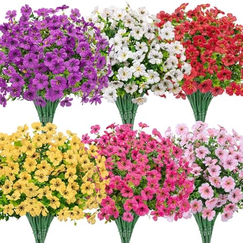 Bassion Artificial Flowers for Outdoors, 24 Bundles UV Resistant Fake Flowers Realistic Silk Faux Plants for Outdoor Planter Window Box Porch Patio Garden Home Outside Decorations