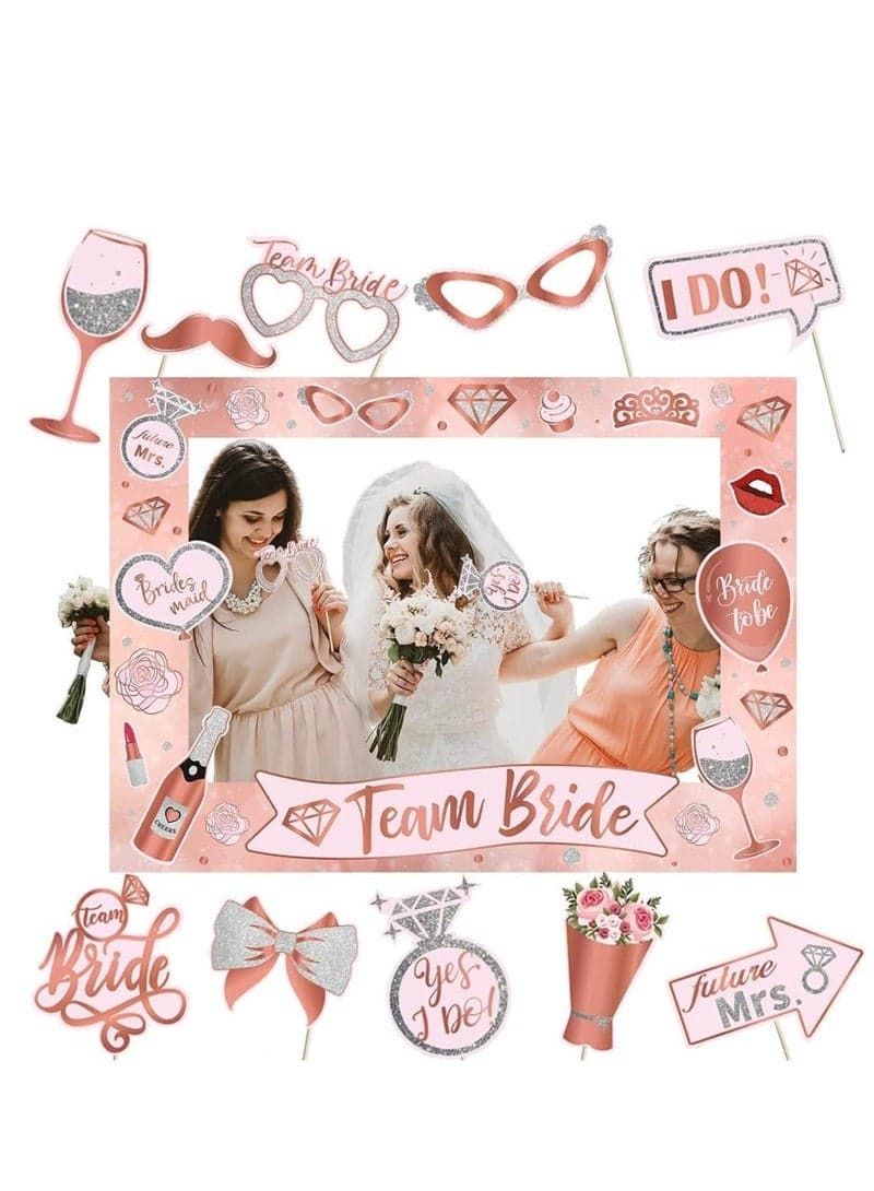 Hen Party Decoration-25Pcs Photo Booth Props,Rose Gold Team Bride and Groom Selfie Props Paper Photo Frame Hen Party Accessories for Wedding Engagement Bridal Shower Bachelorette Hen Do Party Games