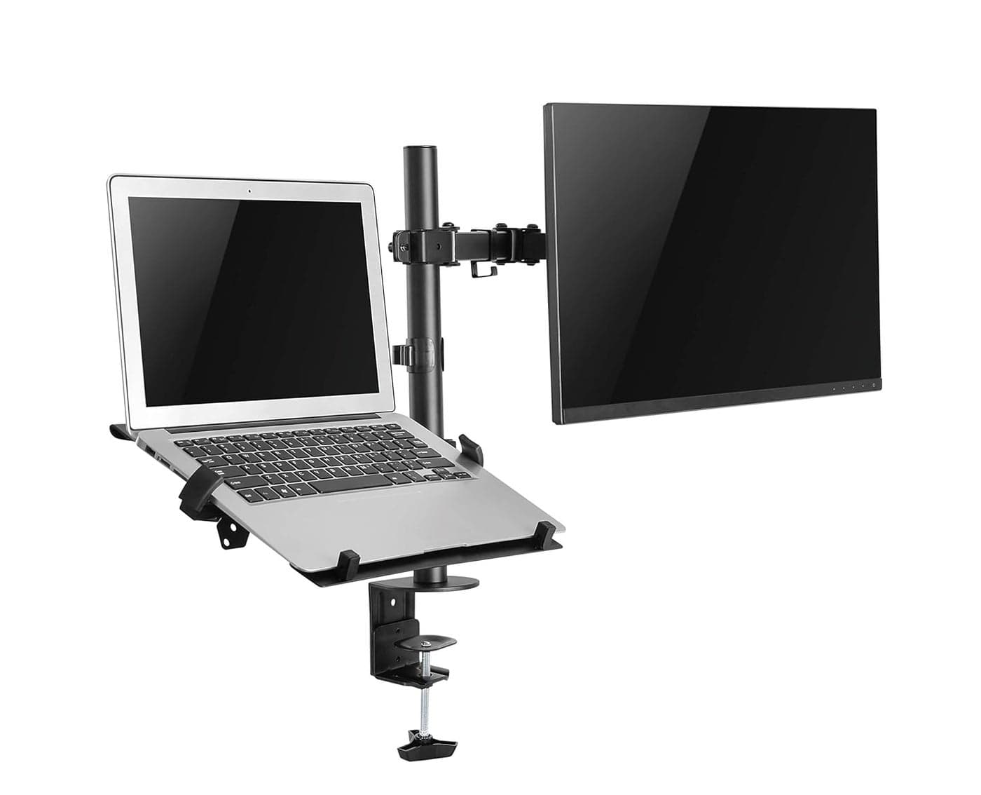 JIN OFFICE Dual Monitor Stand Arm With Laptop Tray Supports upto 32 inches and 8 kg Weight Cap per Arm Alloy Steel Height Adjustable Monitor Stand With Laptop Plate Black Black