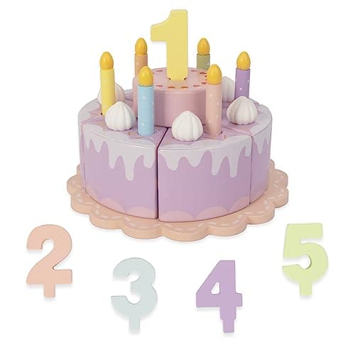 WoodenEdu Pretend Play Food for Toddlers 25Wooden Birthday Fake Cake with Candles and NumbersTea Party Learning Kitchen Gift Toys for Boys Girls Cream Cake