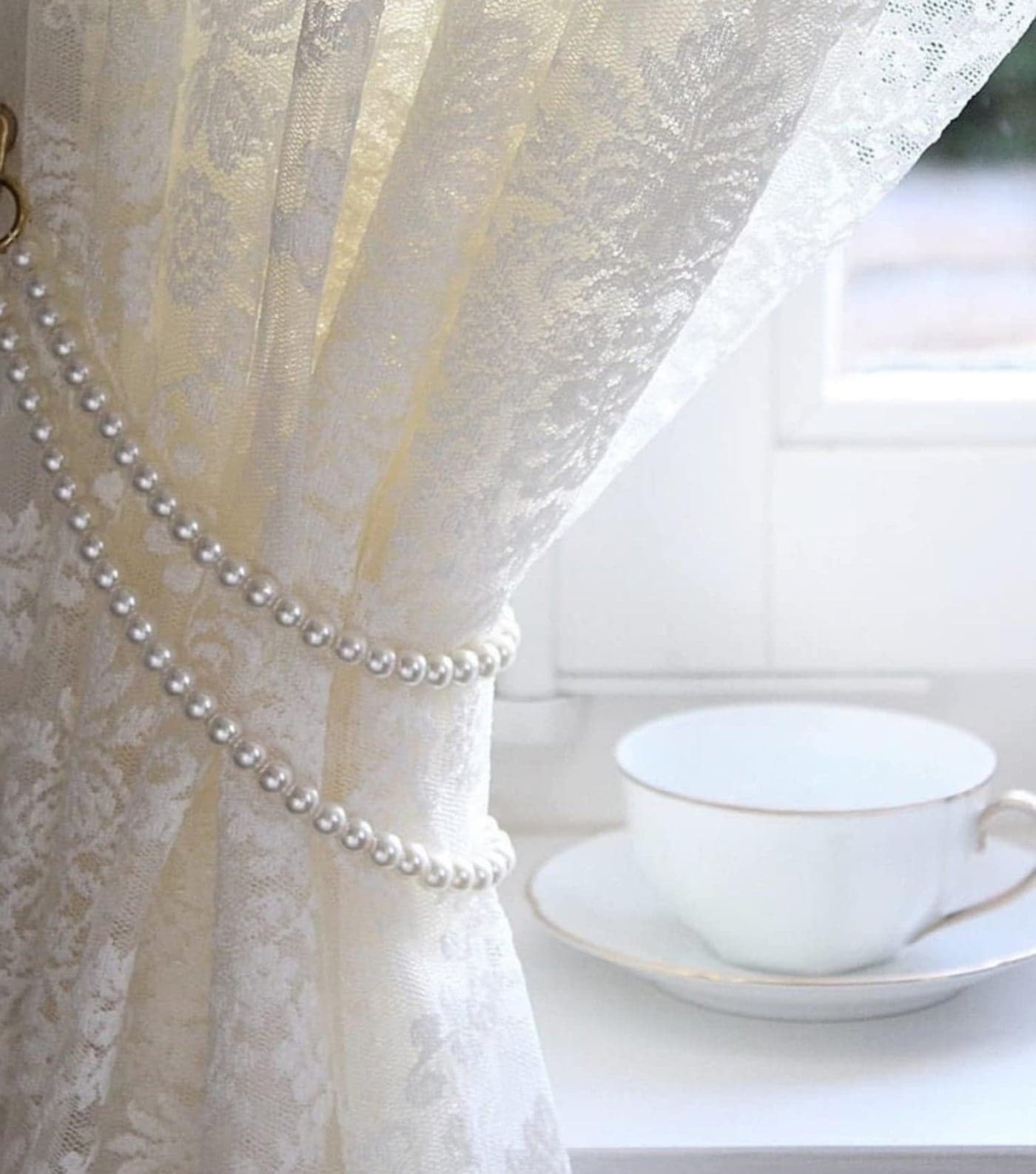 ZILucky Set of 2 Curtain Tie Backs, Elegant Pearl Tiebacks, Handmade Window Treatment, Classical Romantic Style Decor Accessories (White-Style2)
