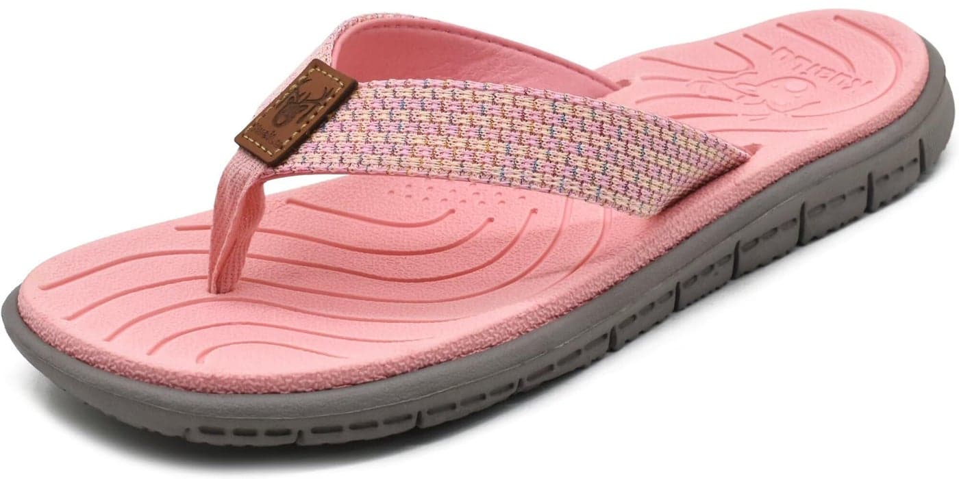 KuaiLu Womens Casual Flip Flops Comfortable Yoga Mat Arch Support Memory Foam Comfort Cushion Summer Beach Pool Slip on Walking Thong Sandals Ladies Orthotic Recovery Plantar Fasciitis Pink Size 9