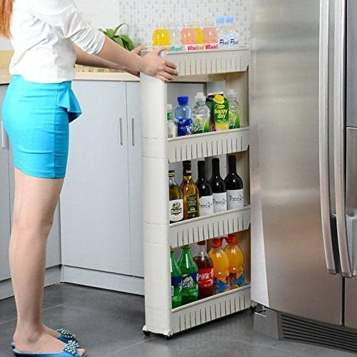 Inditradition 4 Layer Slim Sleek Multi Storage Organizer Rack Trolley for Dining Kitchen Bathroom 54x12x100 CM White Plastic
