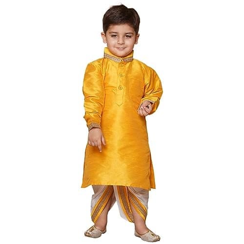 AJ DEZINES Kids Silk Blend Full Sleeve Solid Yellow Dhoti Kurta Set for Boys - Ethnic Wear | Traditional | Festival Wear for boys - Regular Fit