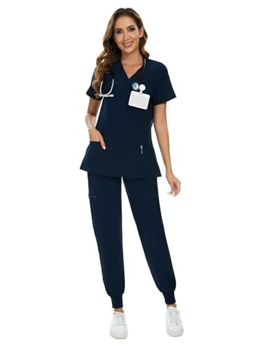 COZYFIT Scrubs for Women Set - Stretch V-Neck Scrub Top & Jogger Pant with 8 Pockets, Yoga Waistband, Anti Wrinkle, Slim Fit Women Scrubs - Navy Blue, XS