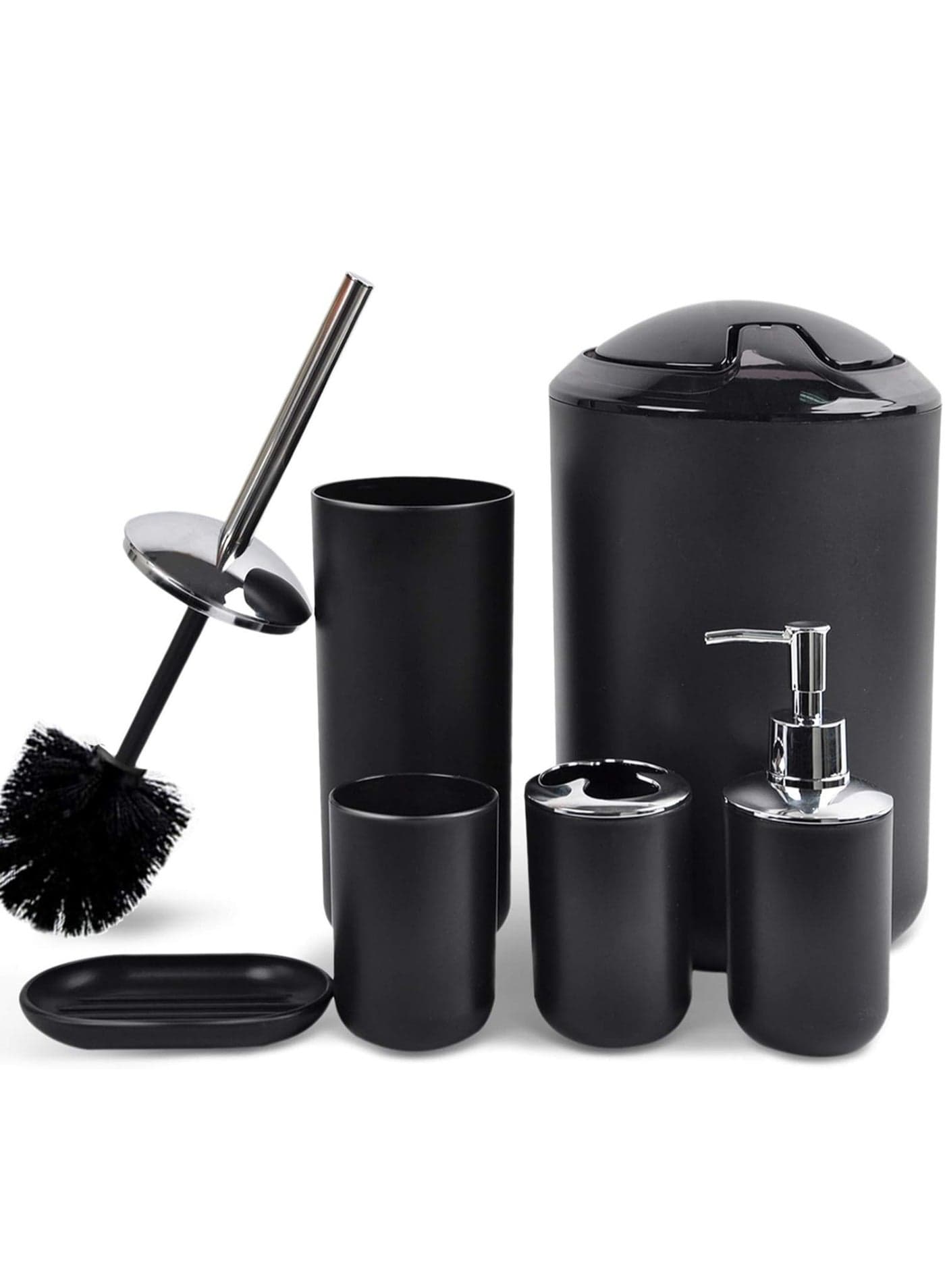 Bathroom Accessories Set, 6 Piece Plastic Bath Set Bath Ensemble Includes Trash Can, Toilet Brush, Soap Dispenser, Soap Dish, Lotion Set Tumbler(BLACK)