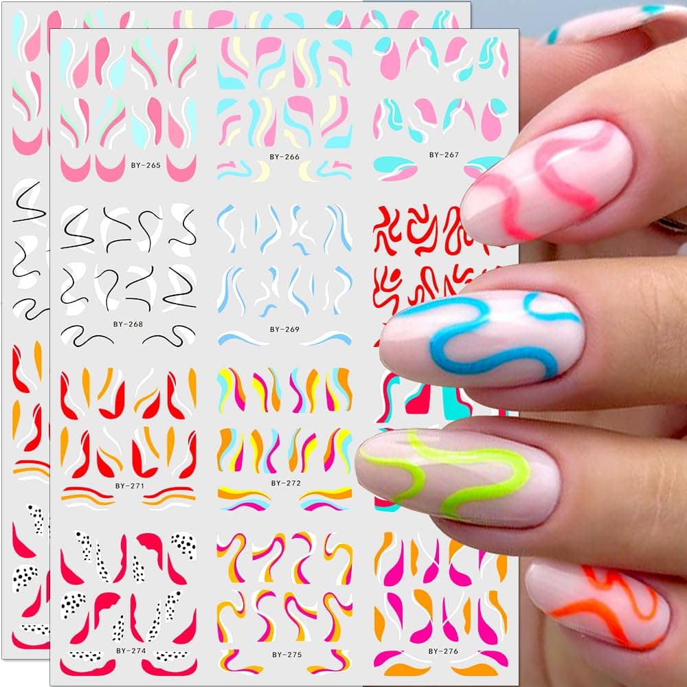 Colorful Wave Lines Nail Art Stickers for Girls Neon Ribbon Strips Water Transfer Designs Colored Swirl Lines Decals for Women Nail Art Supplies