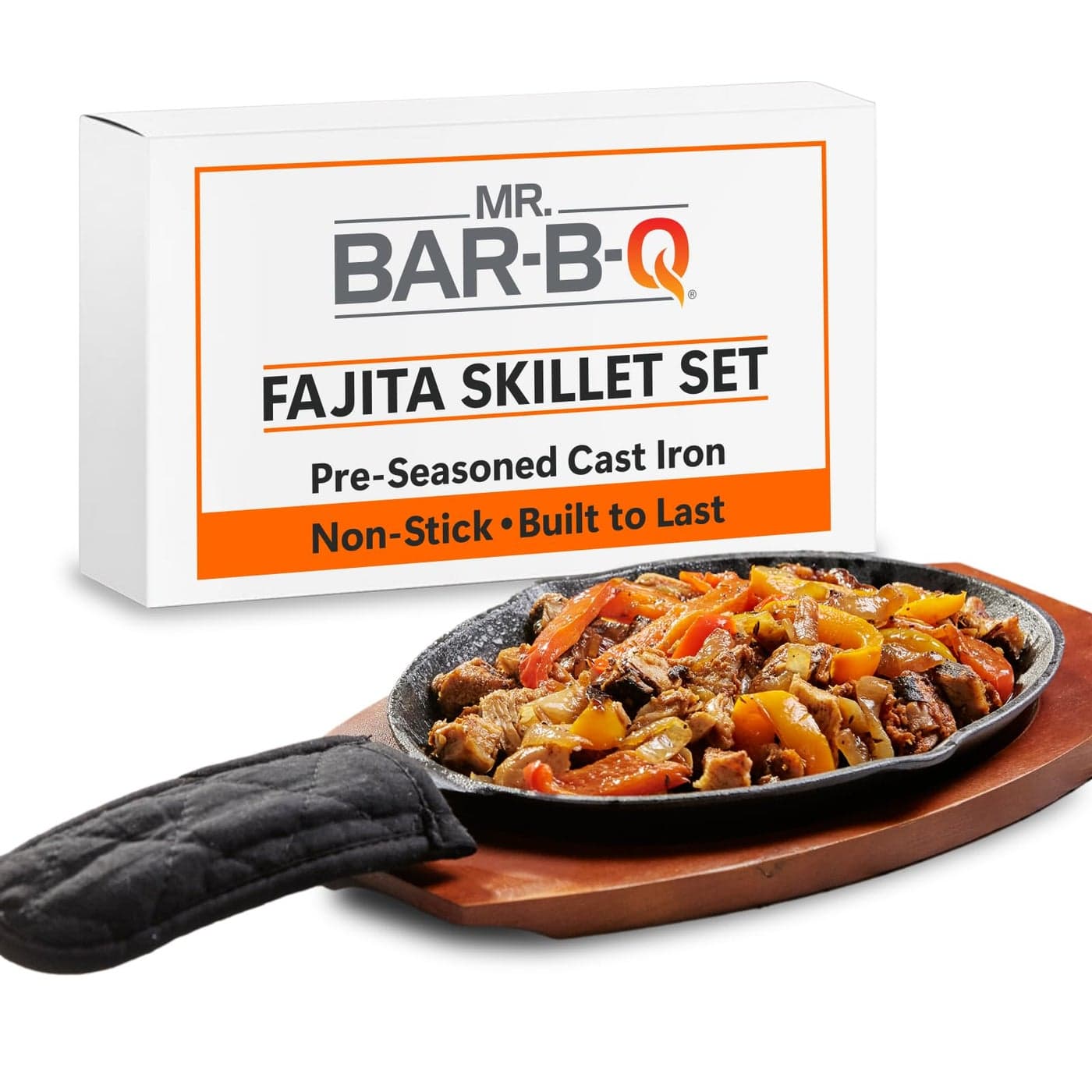 Mr BarBQ Cast Iron Fajita Skillets Set PreSeasoned NonStick Sizzling Plate Wooden Base wCloth Handle Sizzler Steak Plate Cast Iron Skillets for Diners Bar Restaurants Caterings Parties