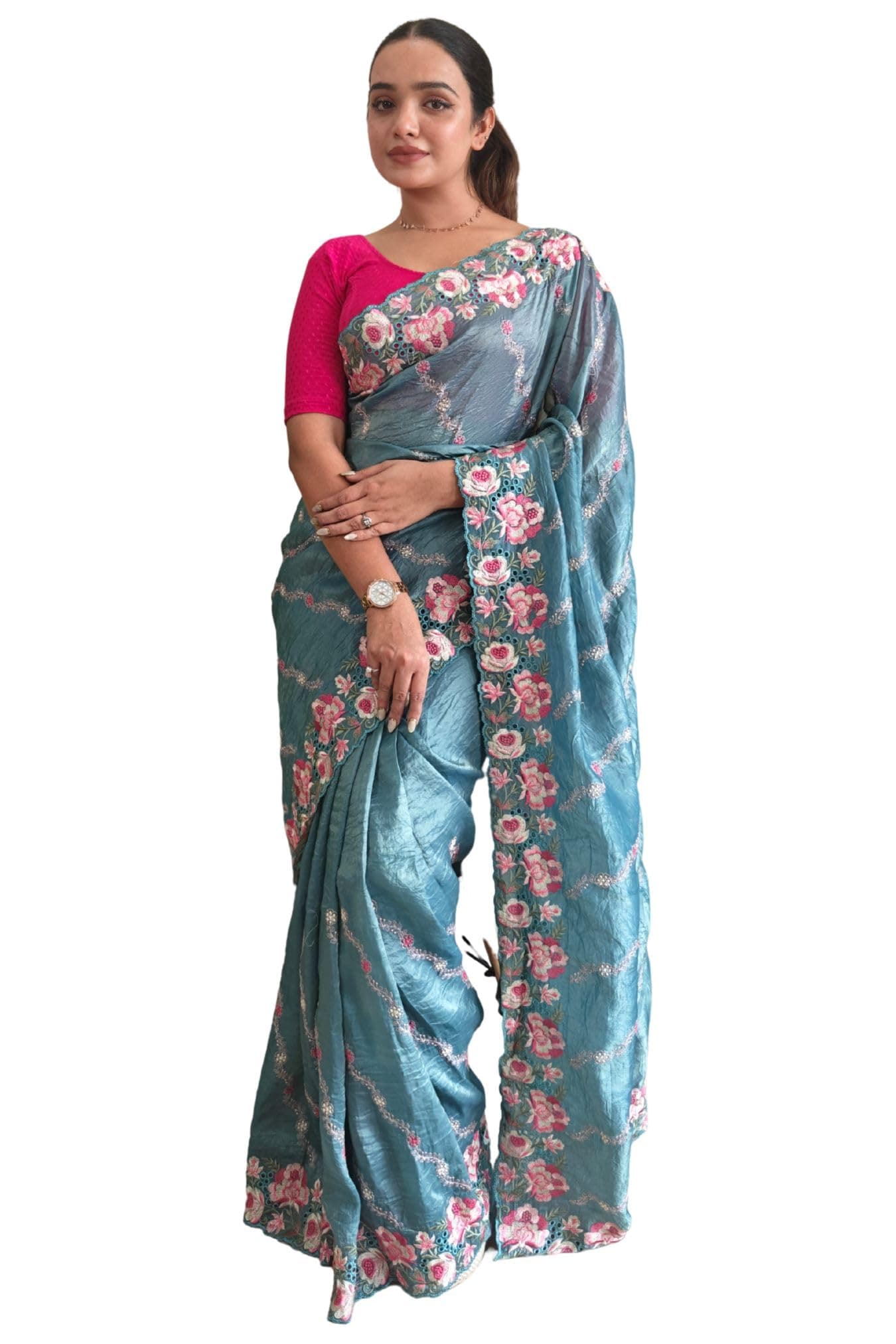 SGF11 Women's Tissue Silk Embroidery Work Saree With Unstitched Blouse Piece (Blue)