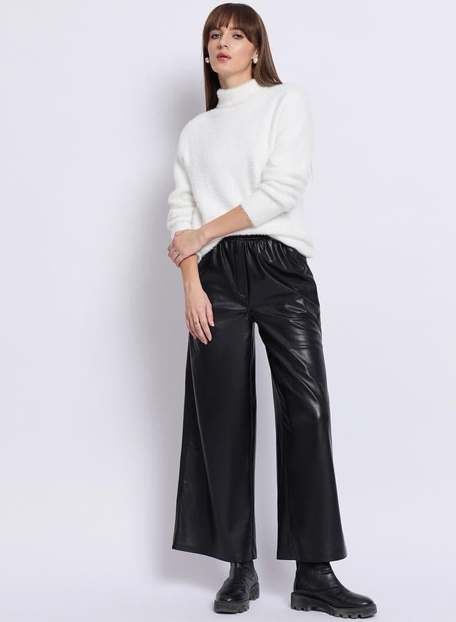 White Fuzzy High Neck Sweater — L