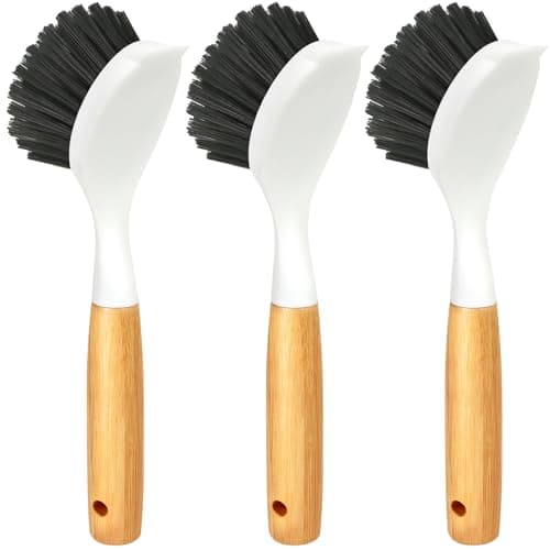 Holikme 3 Pack Cast Iron Brush and Scraper with Bamboo Handle – Skillet Scrubber with Tough Nylon Bristles, Kitchen Cleaner for Cleaning Skillet, Grill Pan, Black