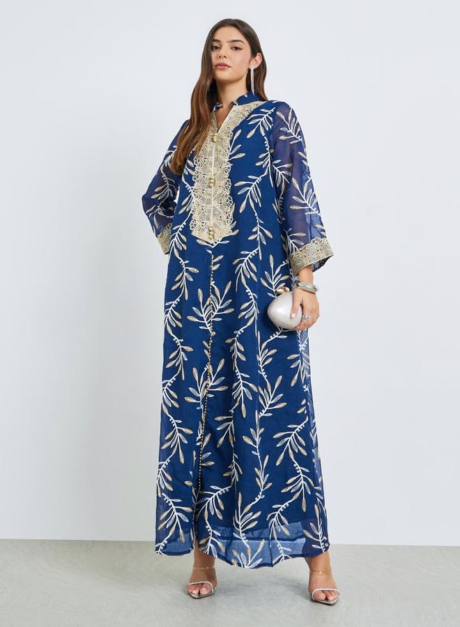 Embroidered Collared Jalabiya with Lace Detail