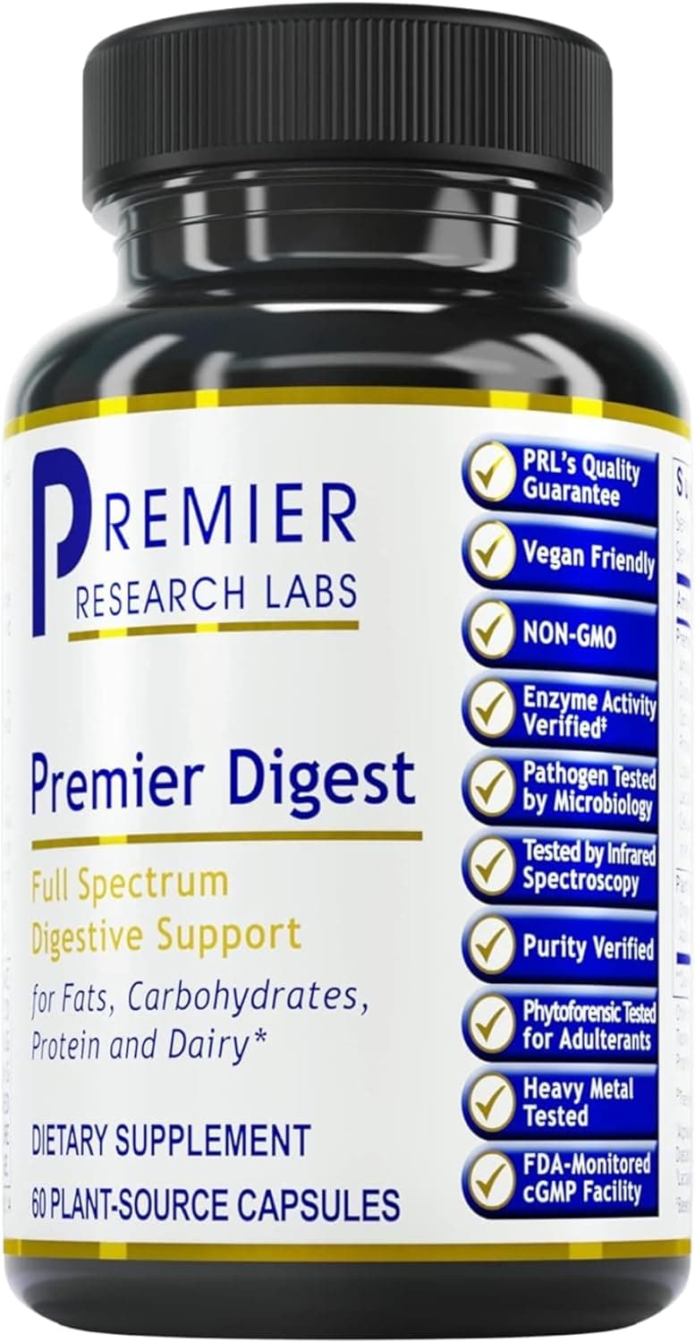 Premier Research Labs Active Digestive Enzymes with Probiotic and Prebiotics Promotes FullSpectrum Digestive Support with Amylase Protease Lipase 60 PlantSourced Capsules