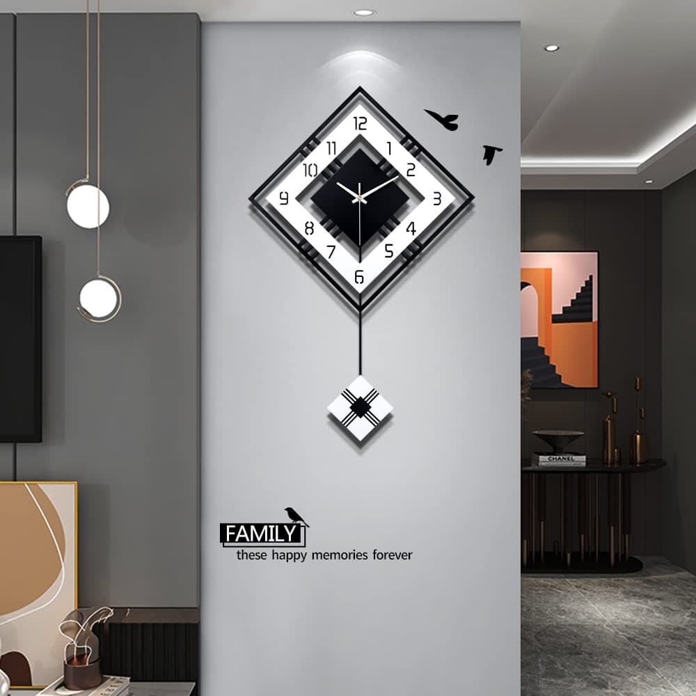NEOTEND Modern Wall Clock for Living Room Decor Pendulum Large Silent Big Kitchen Wall Clock for Bedroom Black and White Decorative Office Non Ticking Battery Operated Wall Watch 26 Inch