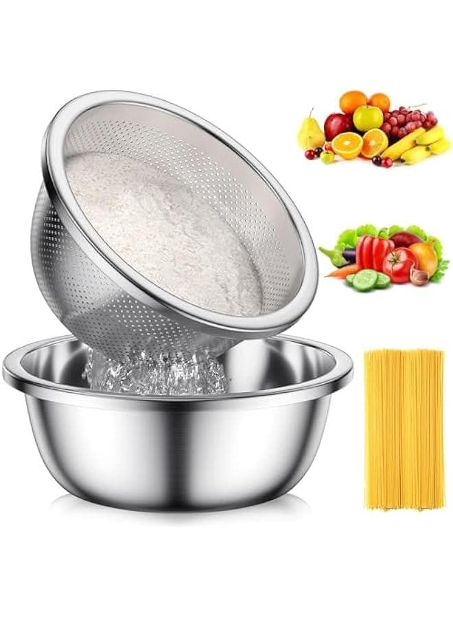 304-Stainless-Steel Colander with Mixing Bowls, 5-Quart Large Capacity, Metal Strainer Set Microporous Colander for Washing & Draining Rice, Fruit, Vegetables, Noodle, Cooked pasta,2PC (5QT)