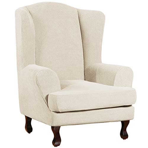Turquoize Wingback Chair Covers 2 Piece Wing Chair Slipcover Stretch Slipcovers for Wingback Chairs Wing Chair Cover Spandex Jacquard Fabric with Elastic Bottom Non-Slip Furniture Cover,Biscotti Beige