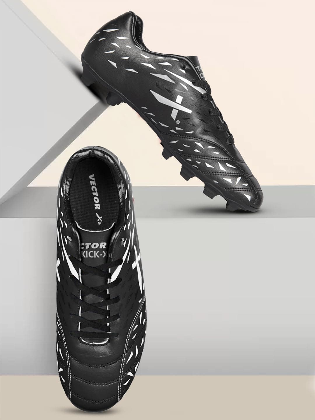 Vector X Kick-X Football Studs for Men/Sports and Athletic Footwear with TPU Sole, Synthetic Leather Upper/Textured Pattern/Comfortable Football Soccer Shoes (Black-Silver, Size-9)
