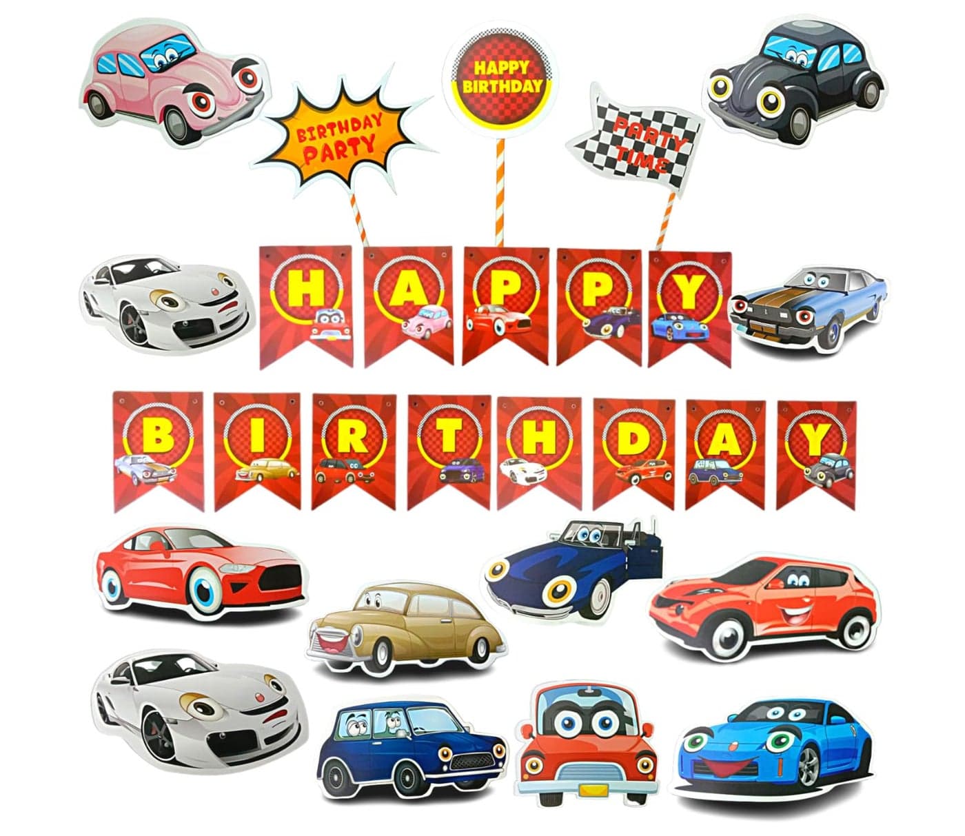 FI - FLICK IN 17 pcs Happy Birthday Racing Car Banner Car Theme Birthday Party Cutouts Props & Cake Topper Birthday Decoration Items Party Supplies (Pack of 17, Multicolor)
