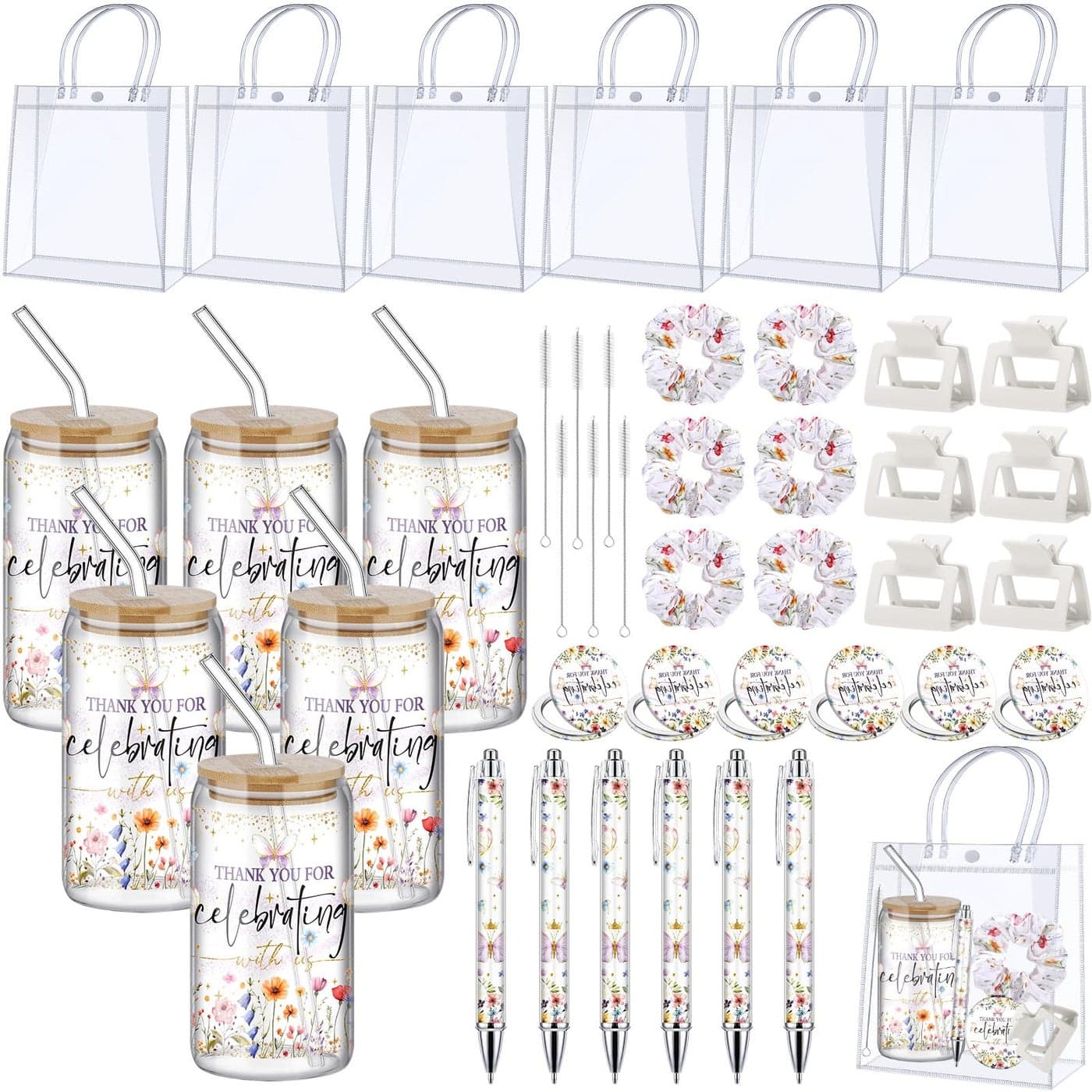 Boao 6 Set Baby Shower Game Prizes for Player Winners Tumblers with Lids Straws Mirrors Hair Scrunchies Pens Hair Clips Gift Bags for Baby Bridal Shower Wedding Game FavorsWildflowers