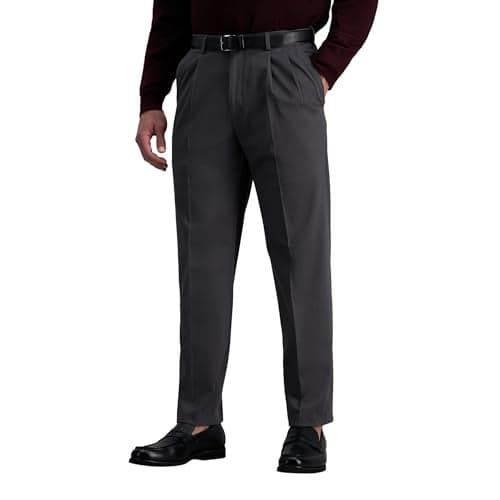 Haggar Men's Premium No-Iron Classic-Fit Expandable-Waist Pleat-Front Pant, Dark Grey, 36W x 29L