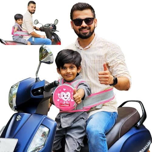LovDear kids safety belt for two wheeler with storage bag - Adjustable safety belt for kids for bike scooty - Two wheeler safety belt for kids -bike belt for kids safety (2-9 years) Pink