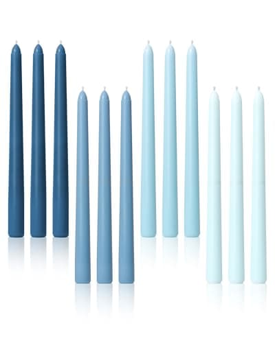 Viyffo 10 Inch Taper Candles-12 Pack Blue, Unscented, Dripless, Smokeless– 8 Hour Burn – Long Tall Tapered Candlesticks for Wedding, Dinner, Holiday, Party, Home Decor Natural Color Series