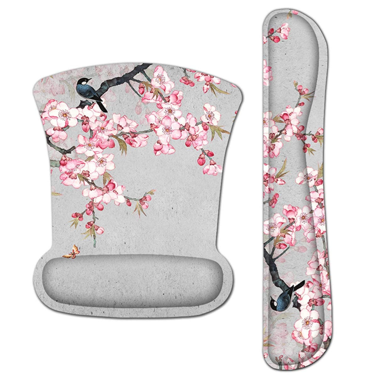 Ergonomic Keyboard Mouse Pad Set with Wrist Rest Support Memory Foam Hand Rest Wrist Cushion Set for LaptopNotebookDesktopComputerGamingOfficeDesk Easy Typing Pain ReliefBird Pink Flower