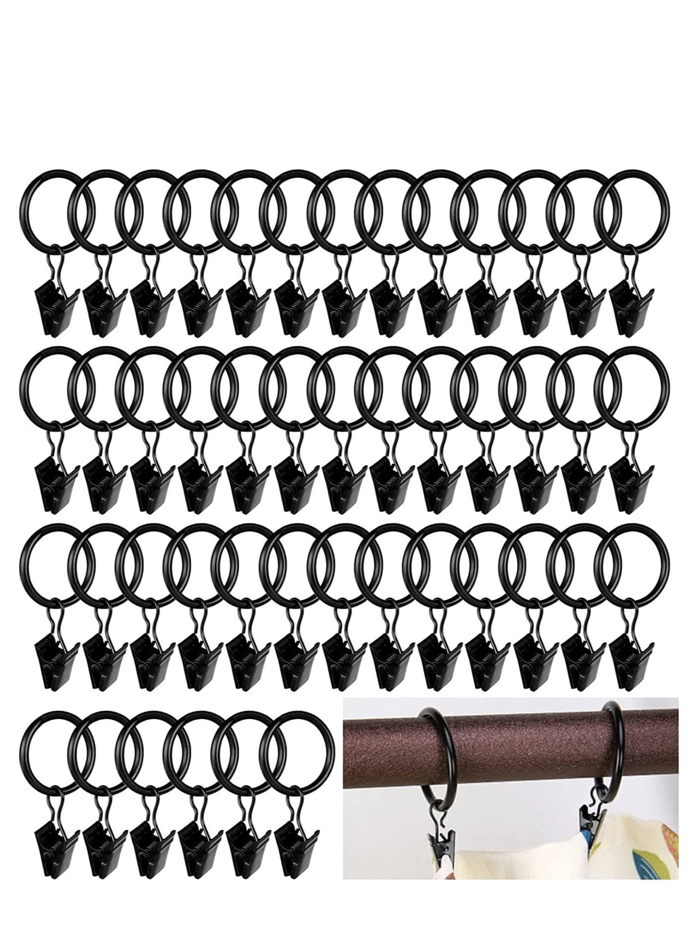 45 Pack Curtain Rings with Clips, Metal Matte Vintage Drapery Clips with Rings, Rustproof Decorative Drapery Curtain Clip Rings Hooks, 1 Inch Interior Diameter, Fits up to 5/8" Rod, Black
