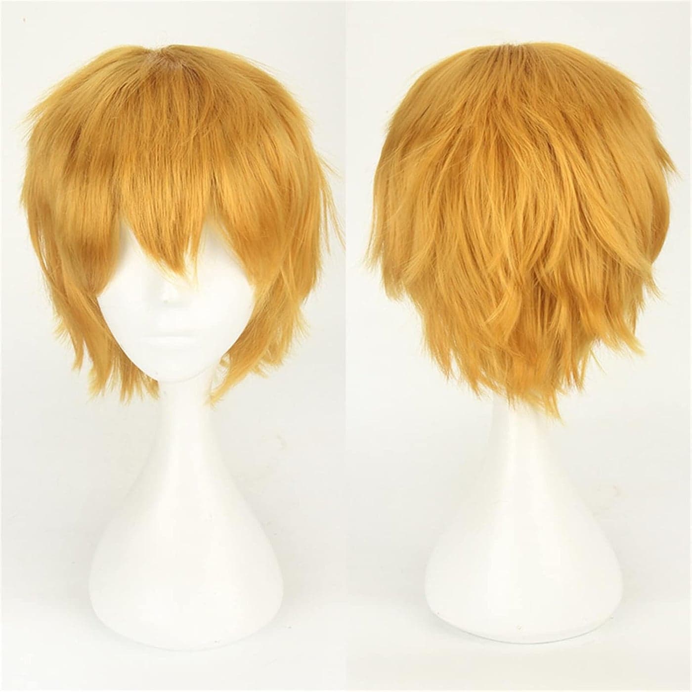 Unisex Anime Short Yellow Cosplay Wig With Bangs for Women Men Heat Resistant Synthetic Fluffy Layered Halloween Christmas Costume Party Hair Wig