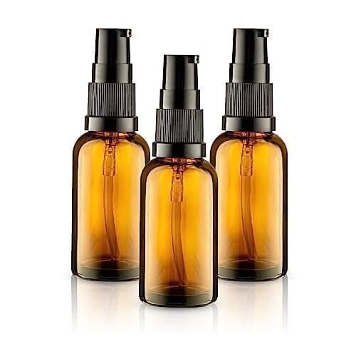 VitalUp 3 Pack Empty Refillable Glass Amber Pump Bottle Ideal for Lotion Cream Essential Oil Travel Small Container 30ml