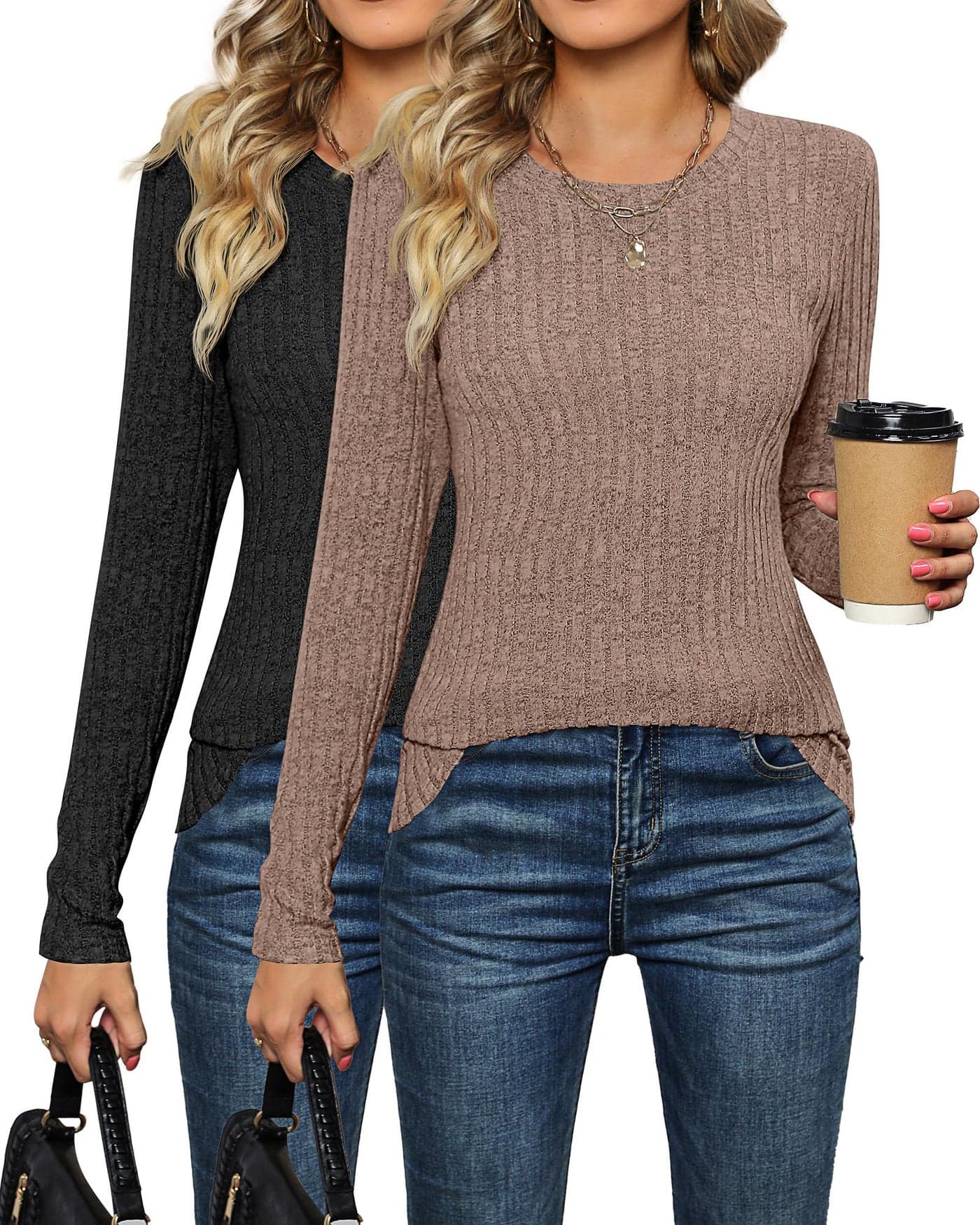 Ficerd 2 Pack Womens Sweaters Fall Long Sleeve Fitted Sweater Cable Knit Light Tunic Tops Crew Neck Shirts 2025 TrendySmallBlack Khaki