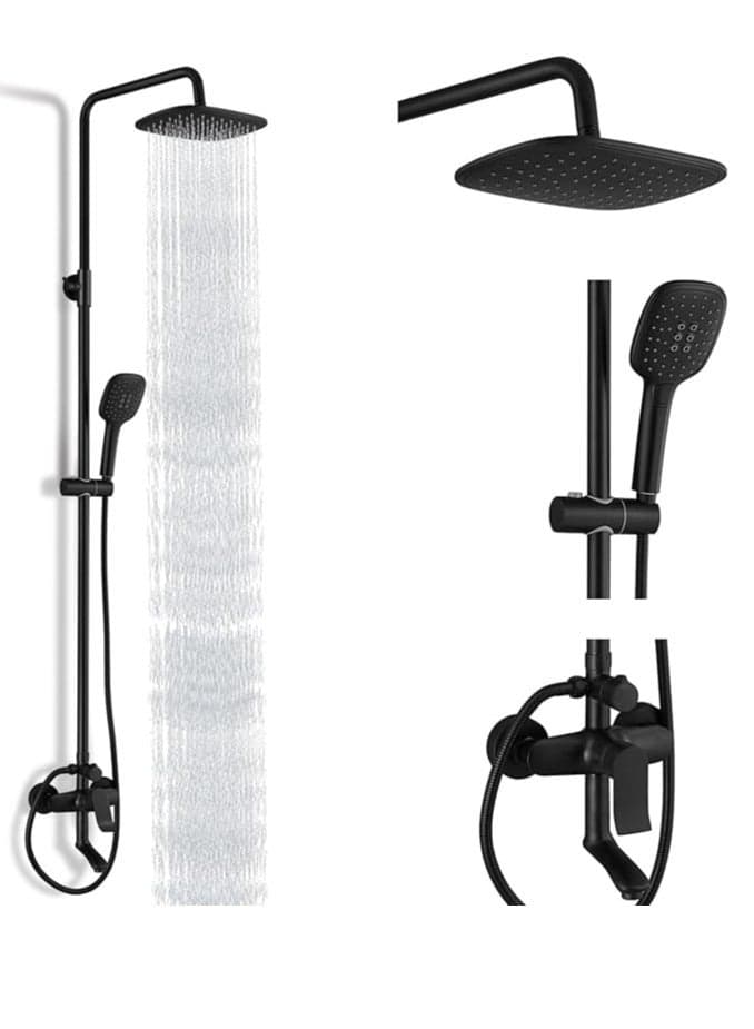 Shower Fitting Complete Set, Black Height Adjustable 90-124 cm, Rain Shower Head and Hand Shower, Complete Shower for Bathroom