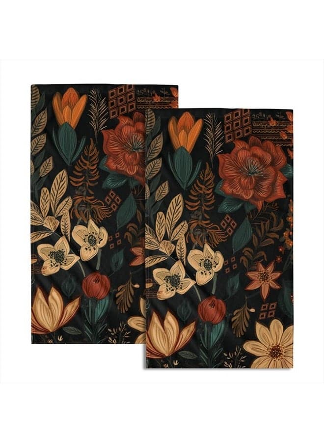 Boho Floral Hand Towels Set of 2 Black Mid Century Fingertip Towel Absorbent Face Towel Soft Dish Towels for Gym Bath Kitchen Home Decor